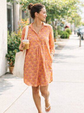 NIC+ZOE Orange Pink Cotton Print Shirtdress Casual Summer Mini Dress Size S